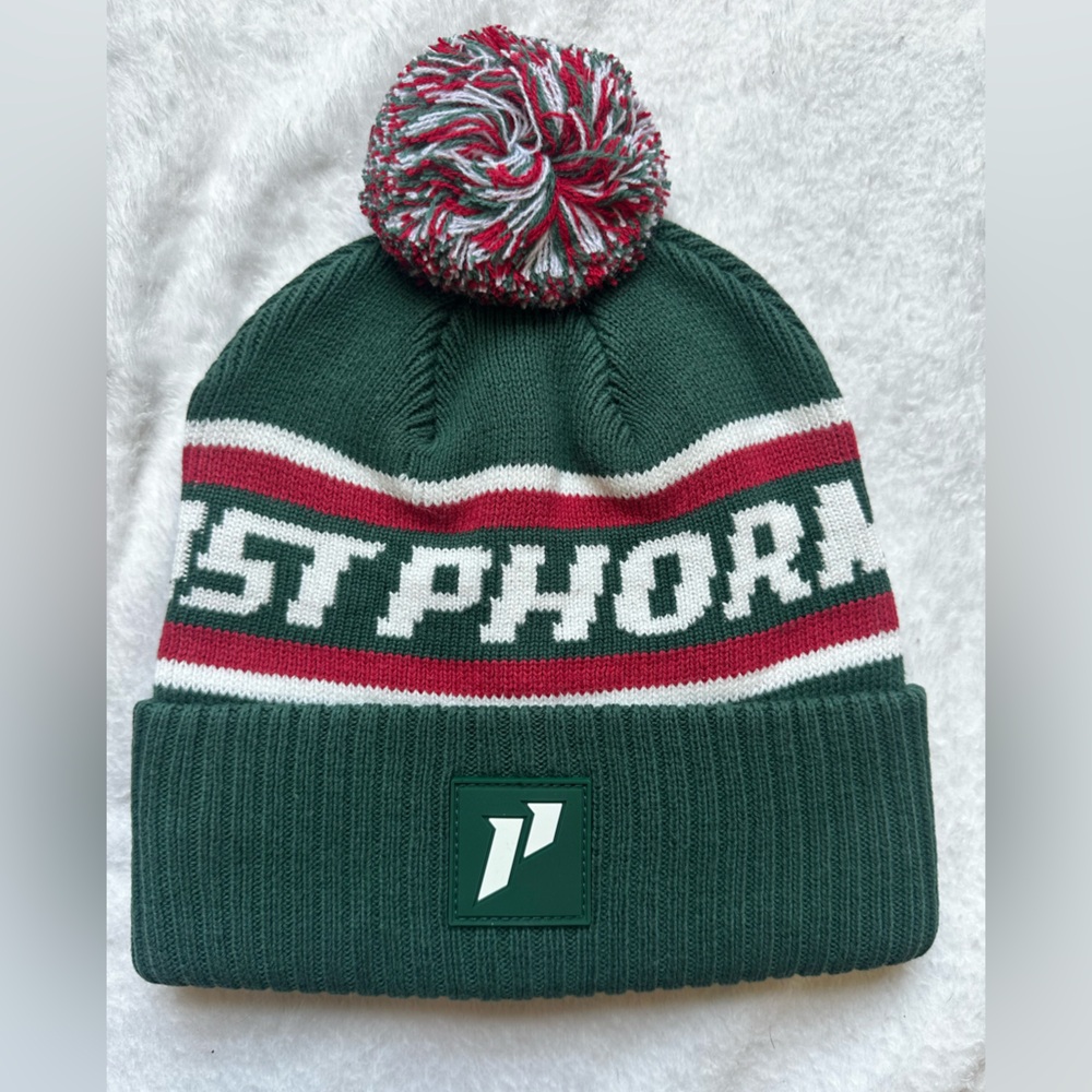1st Phorm Green and Red Pom-Pom Beanie